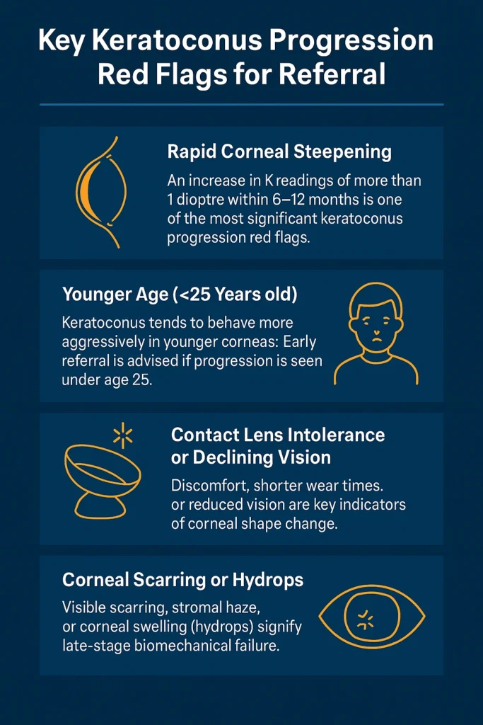 Infographic showing four key keratoconus progression red flags for referral: rapid corneal steepening, younger age under 25, contact lens intolerance or declining vision, and corneal scarring or hydrops.