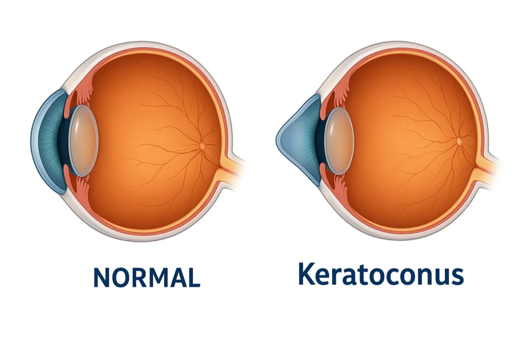 Medical illustration showing corneal cross-sections comparing a normal eye and one with keratoconus, used to explain keratoconus progression red flags for early referral.