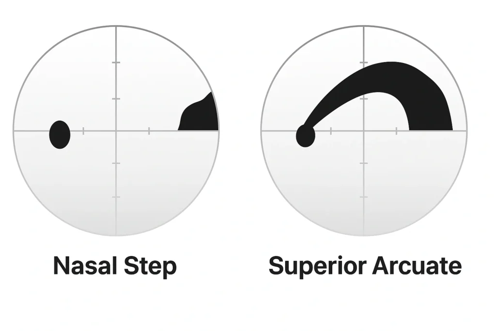 Visual field diagram showing nasal-step and superior arcuate defects typical of glaucoma.