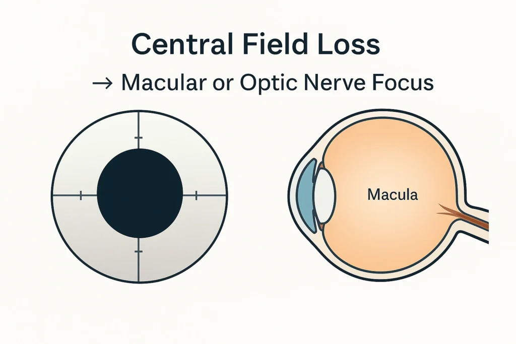 Visual field diagram showing dense central scotoma from macular or optic nerve disease.
