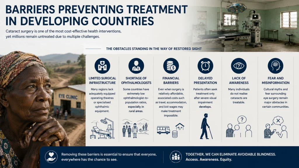 Infographic showing the major barriers preventing cataract treatment in developing countries, including limited surgical infrastructure, financial barriers, shortages of ophthalmologists, and lack of awareness.