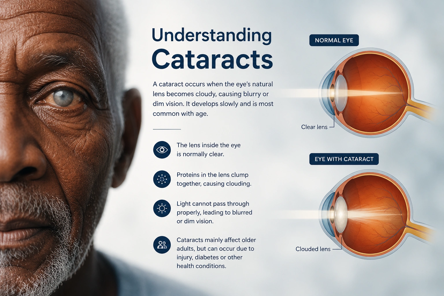 Educational infographic explaining cataracts with comparison diagrams of a normal eye and an eye affected by cataracts alongside a portrait of an elderly patient with cloudy vision.