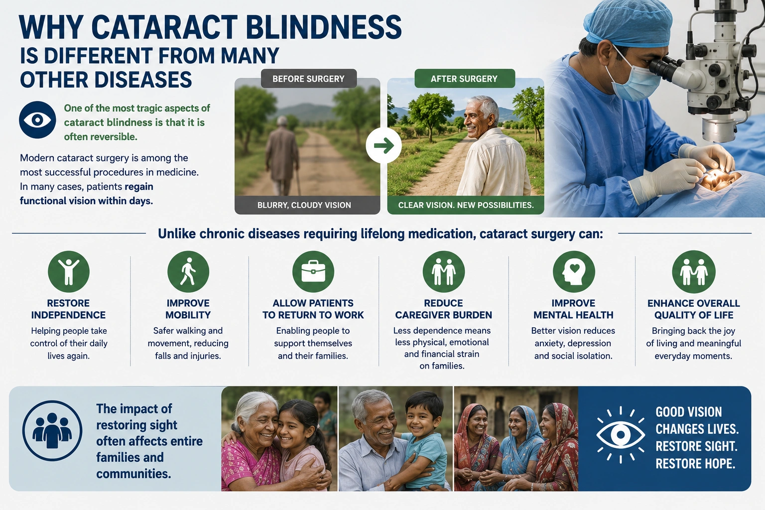 Educational infographic explaining why cataract blindness is different from many other diseases, highlighting the life-changing benefits of cataract surgery and restored vision.